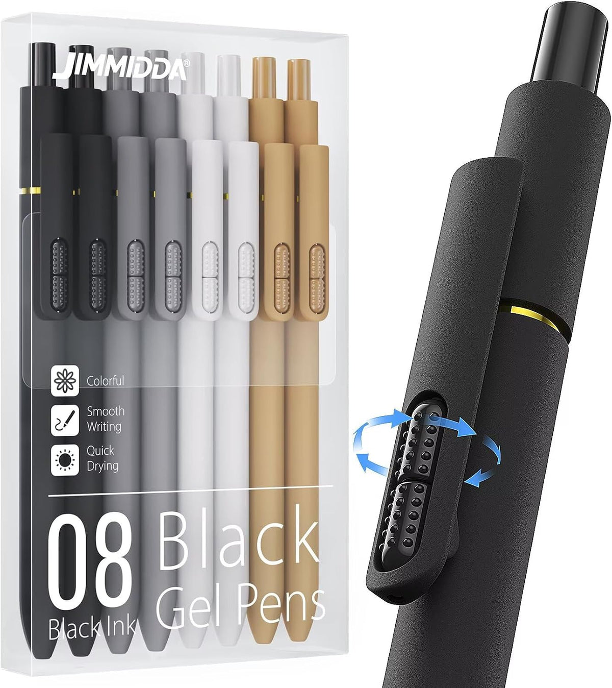 8 Pack Gel Pens, Black Ink Quick-Drying No Smudge with Fidget