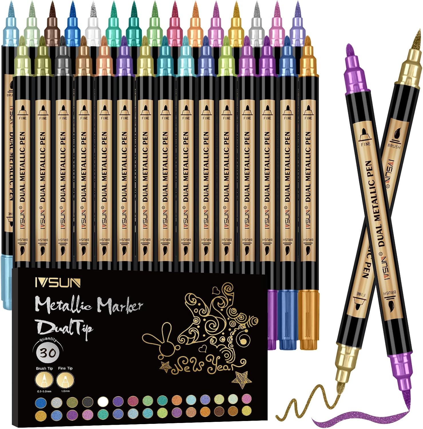 30 Colors Dual Tip Metallic Acrylic Paint Marker pens with Brush & Fine