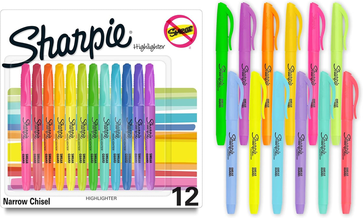 Sharpie Pocket Highlighters, Mild Pastel Colors, Assorted, Chisel Tip, 12 Count - School, Home, and Office Use, Teacher Supplies
